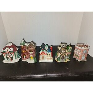 Set Of 5 Small Porcelain Christmas Houses 3 Tealight Candles - 2 Light Bulb